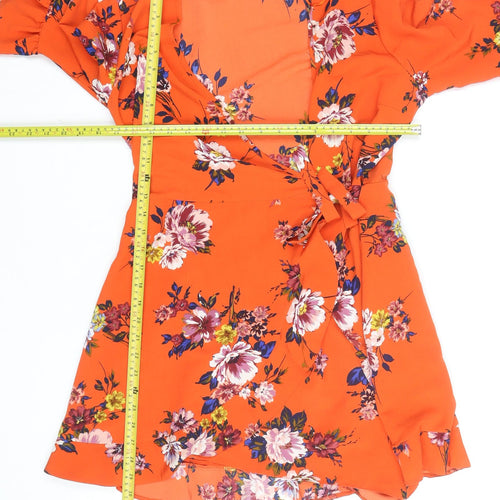 Primark Women Orange Floral Wrap Dress Size 12 V-Neck Ruffle Hem