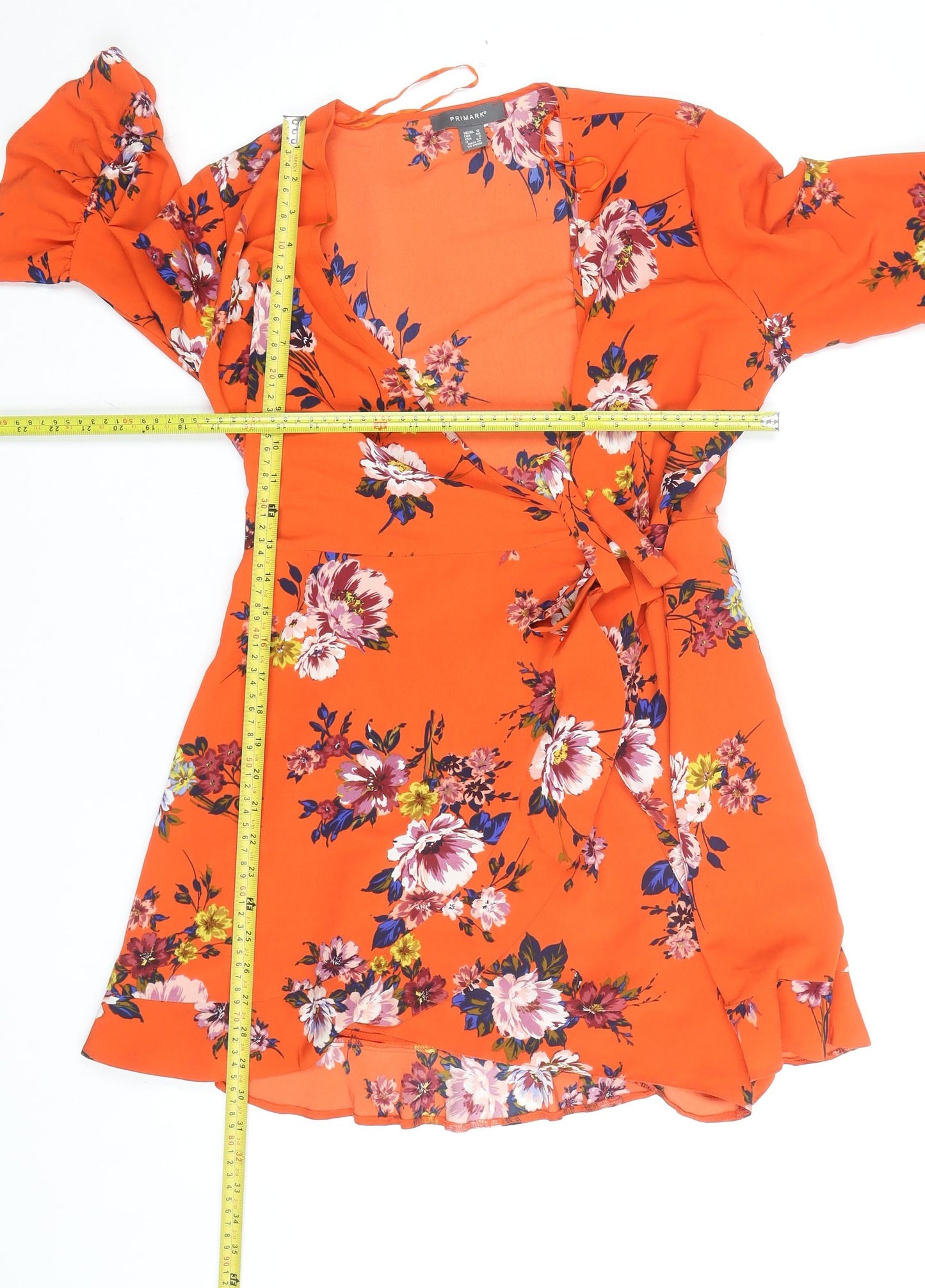 Primark Women Orange Floral Wrap Dress Size 12 V-Neck Ruffle Hem