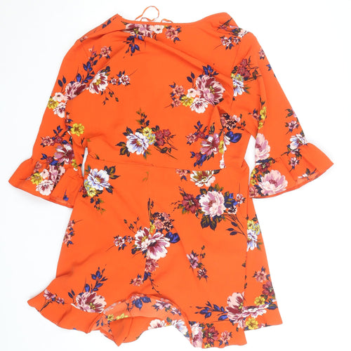 Primark Women Orange Floral Wrap Dress Size 12 V-Neck Ruffle Hem