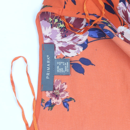 Primark Women Orange Floral Wrap Dress Size 12 V-Neck Ruffle Hem