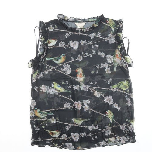 Ted Baker Women's Black Bird Print Ruffle Sleeveless Chiffon Blouse Size 14