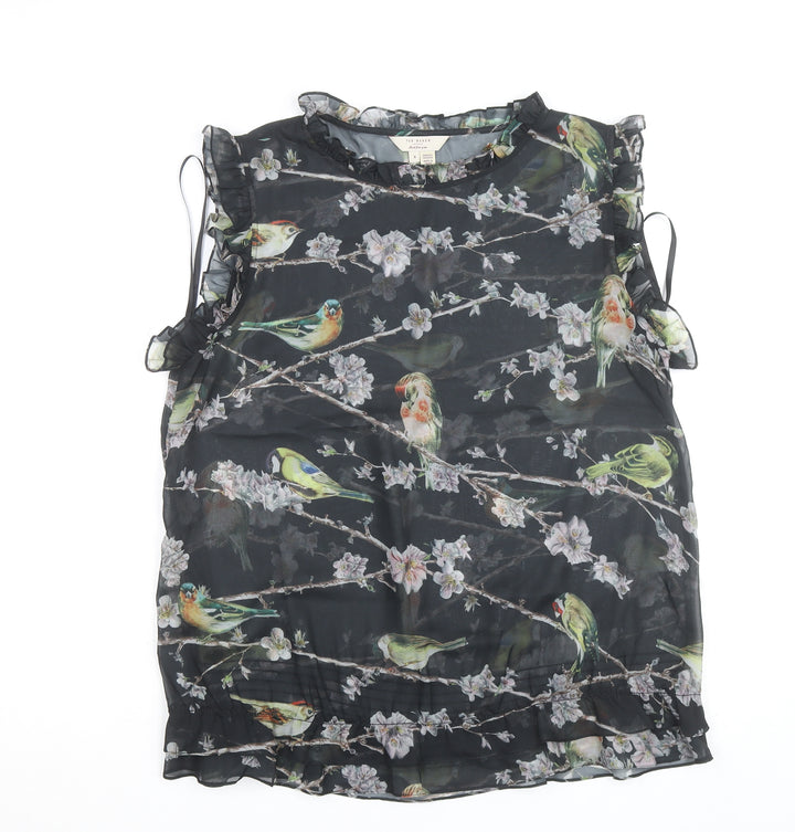 Ted Baker Women's Black Bird Print Ruffle Sleeveless Chiffon Blouse Size 14