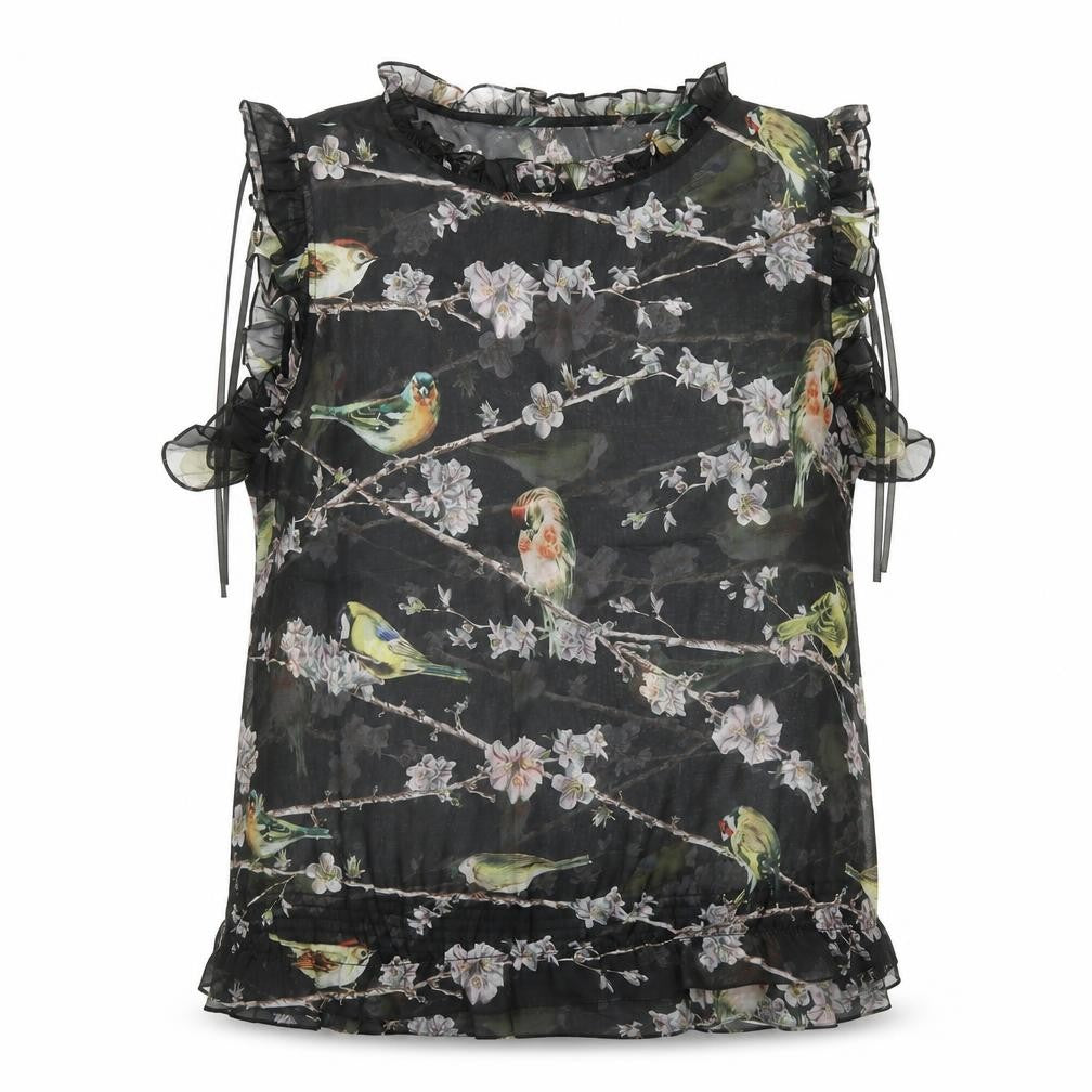 Front view of Ted Baker Women's Black Bird Print Ruffle Sleeveless Chiffon Blouse, size 14