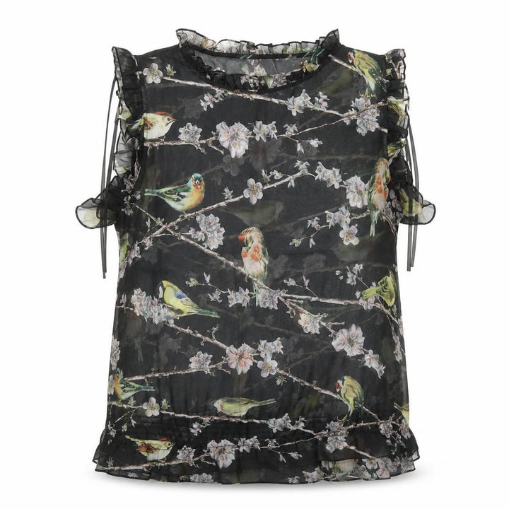 Ted Baker Women's Black Bird Print Ruffle Sleeveless Chiffon Blouse Size 14