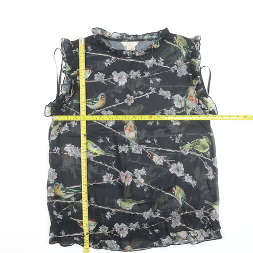 Ted Baker Women's Black Bird Print Ruffle Sleeveless Chiffon Blouse Size 14