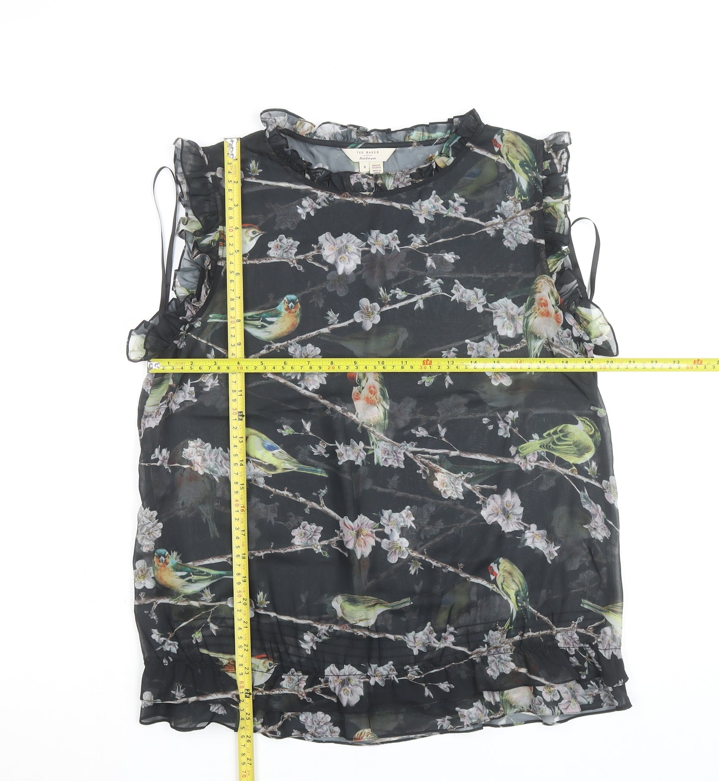 Ted Baker Women's Black Bird Print Ruffle Sleeveless Chiffon Blouse Size 14