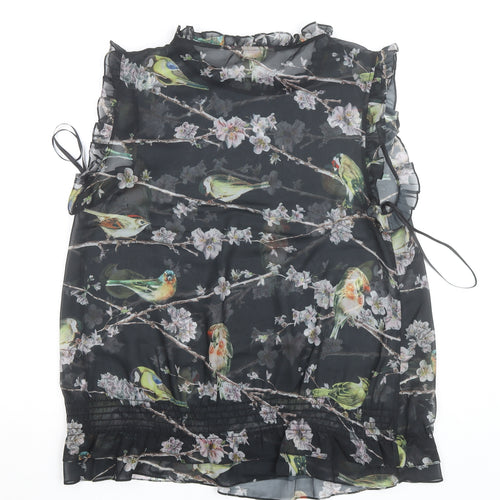 Ted Baker Women's Black Bird Print Ruffle Sleeveless Chiffon Blouse Size 14