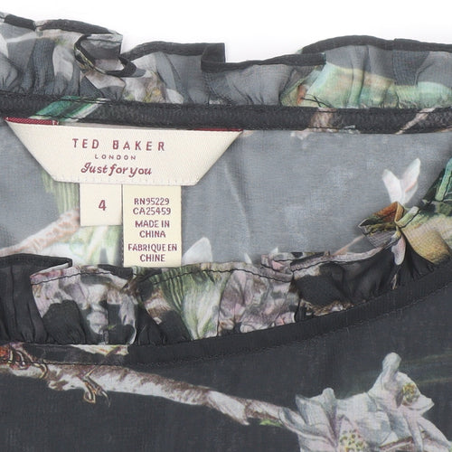 Ted Baker Women's Black Bird Print Ruffle Sleeveless Chiffon Blouse Size 14