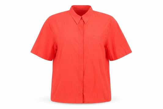Front view of Premiere Collection Women's Red Short Sleeve Button-Up Shirt, size 14
