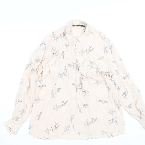 Zara Basic Women's Beige Bird Print Long Sleeve Blouse Size M