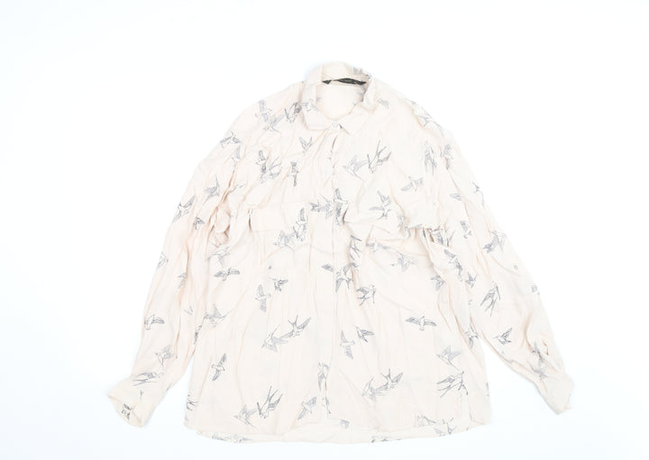 Zara Basic Women's Beige Bird Print Long Sleeve Blouse Size M