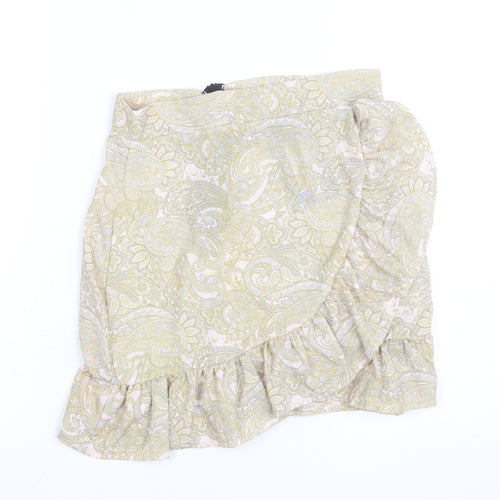 PrettyLittleThing Women's Beige Paisley Wrap Ruffle Mini Skirt Size 8