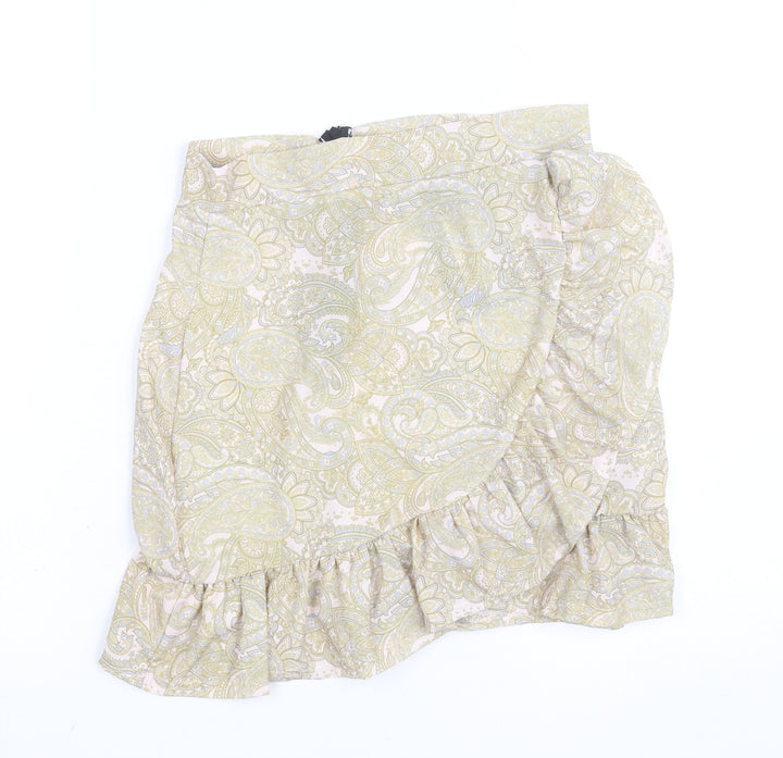 PrettyLittleThing Women's Beige Paisley Wrap Ruffle Mini Skirt Size 8