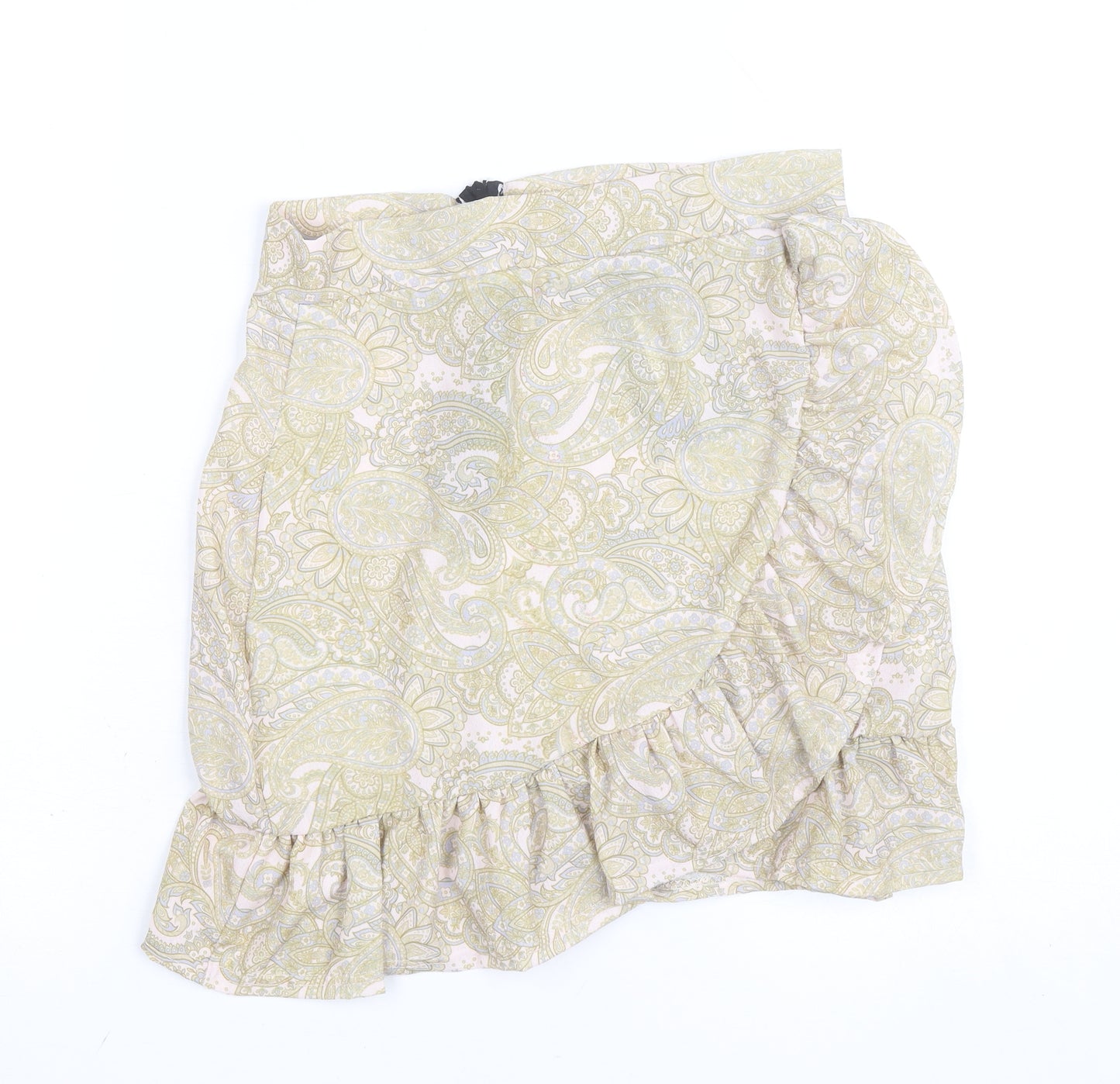 PrettyLittleThing Women's Beige Paisley Wrap Ruffle Mini Skirt Size 8