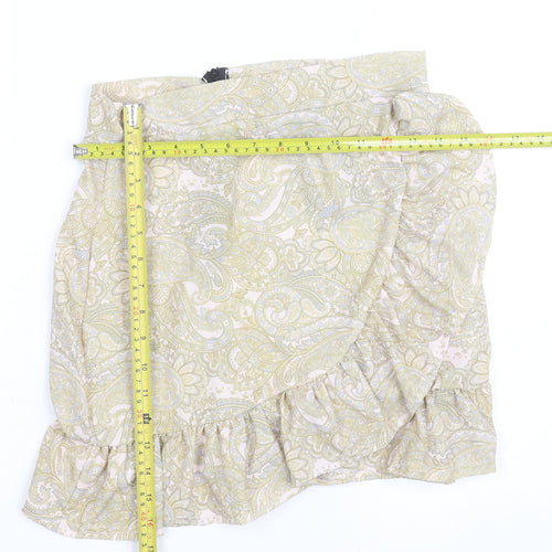 PrettyLittleThing Women's Beige Paisley Wrap Ruffle Mini Skirt Size 8