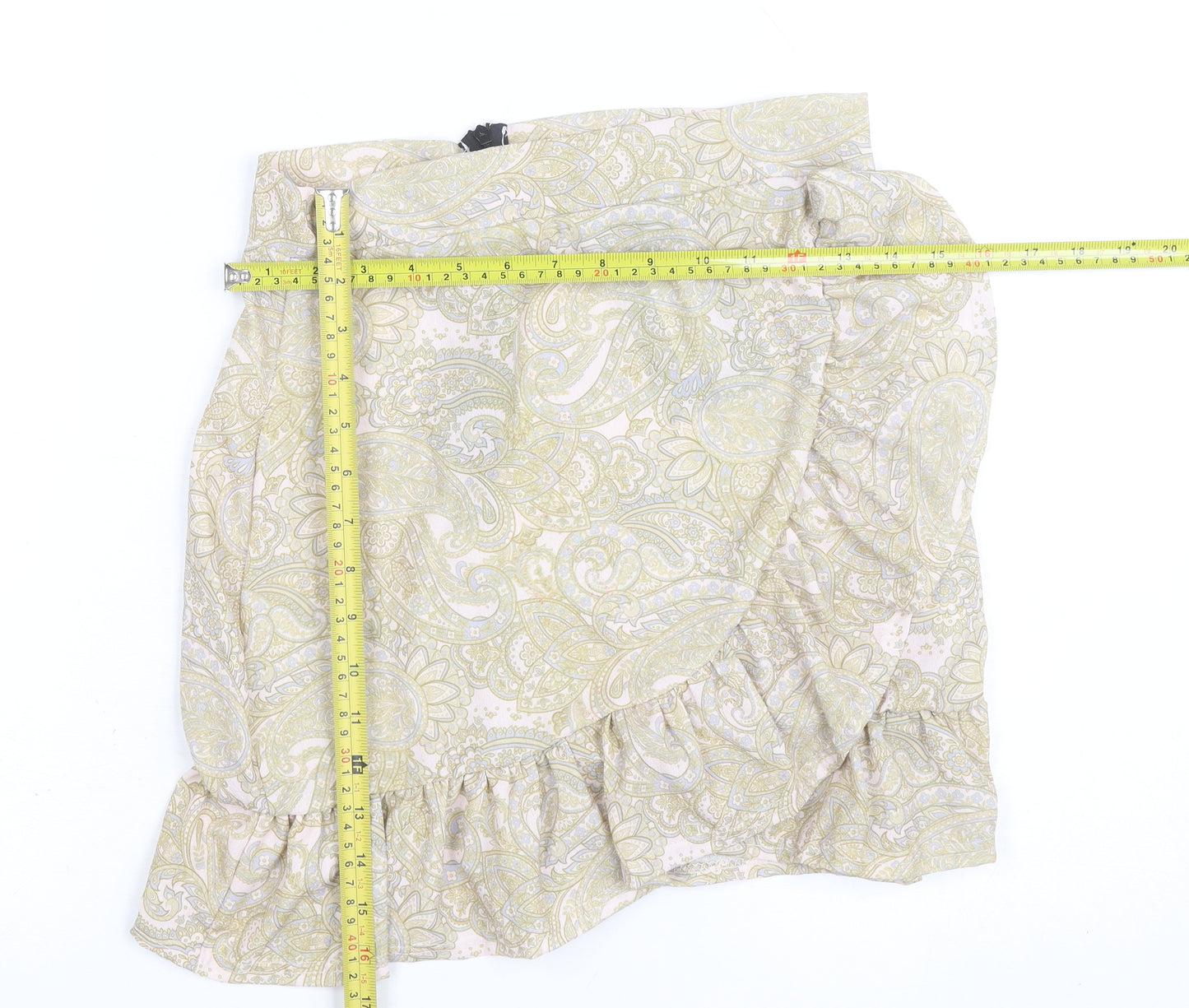 PrettyLittleThing Women's Beige Paisley Wrap Ruffle Mini Skirt Size 8