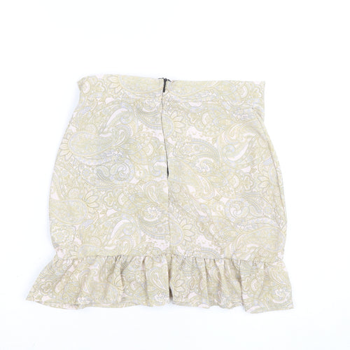 PrettyLittleThing Women's Beige Paisley Wrap Ruffle Mini Skirt Size 8