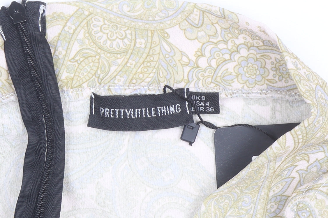 PrettyLittleThing Women's Beige Paisley Wrap Ruffle Mini Skirt Size 8