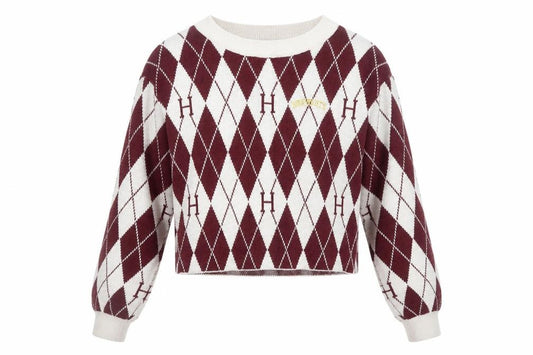 Front view of H&M Teens Red Argyle Harry Potter Knit Jumper, size 10, Crew Neck