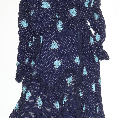 Savida Women Blue Floral Polka Dot Midi Wrap Dress Size 12