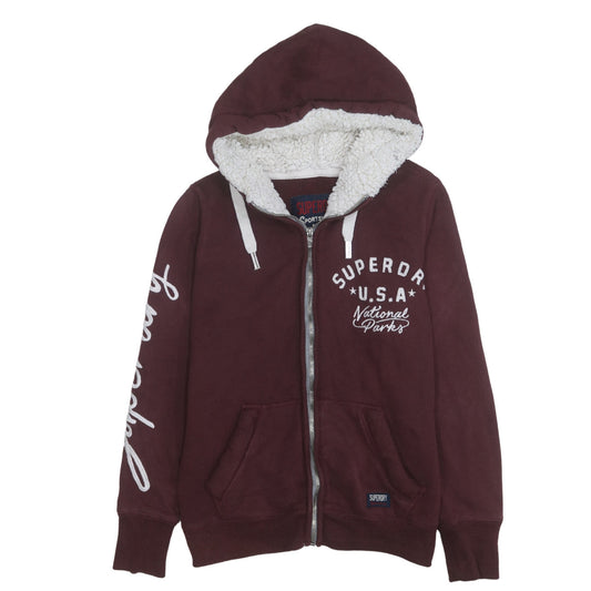 Superdry Womens Burgundy Full Zip Hoodie Size L Sherpa Lined Casual