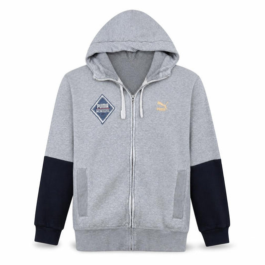 Front view of Puma Men Grey Full Zip Hoodie M Logo Sports Sweatshirt
