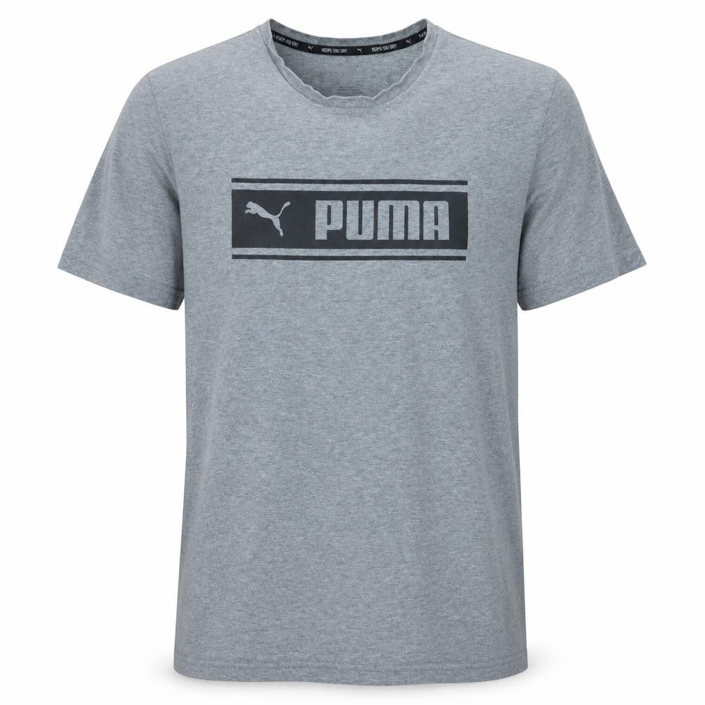 Front view of Puma Men's Grey Graphic Logo Regular Fit T-Shirt, size M