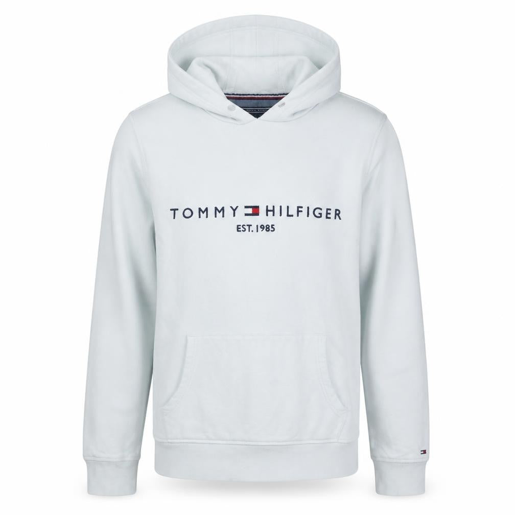 Front view of Tommy Hilfiger Men's White Pullover Hoodie M Logo Fleece Sweatshirt