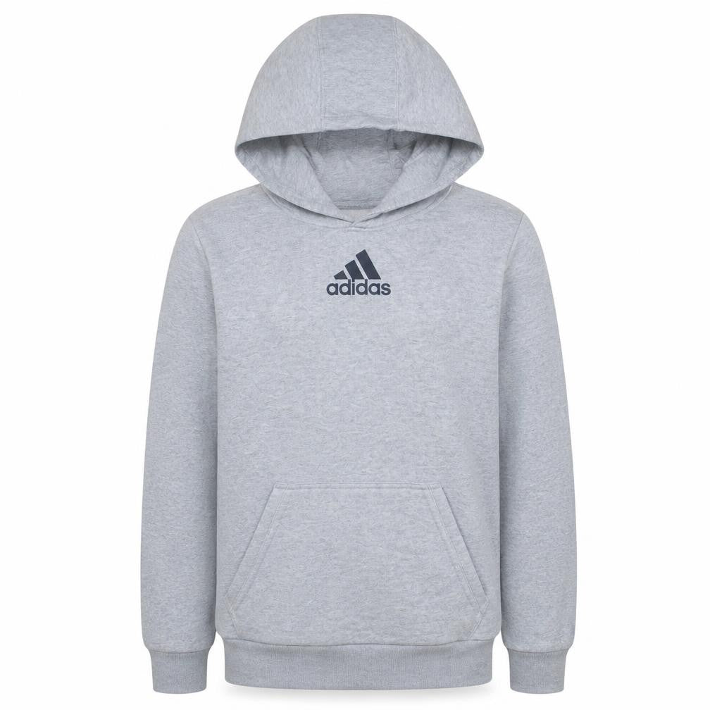 Front view of Adidas Men’s Grey Pullover Hoodie, size S, Sports Logo Sweatshirt