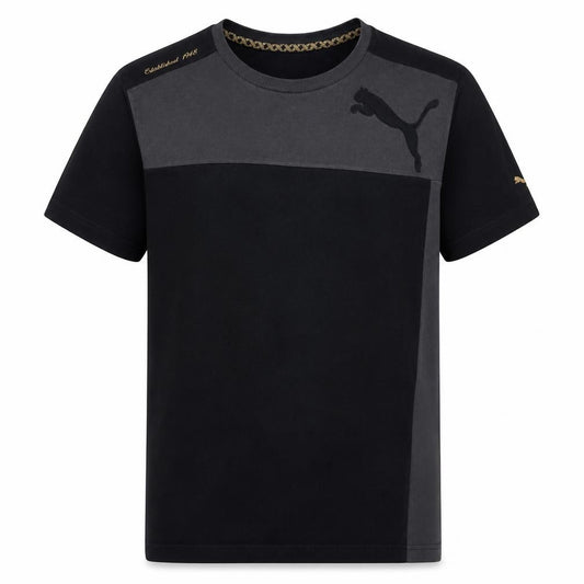 Front view of Puma men’s black colourblock cotton crew neck t-shirt, size L