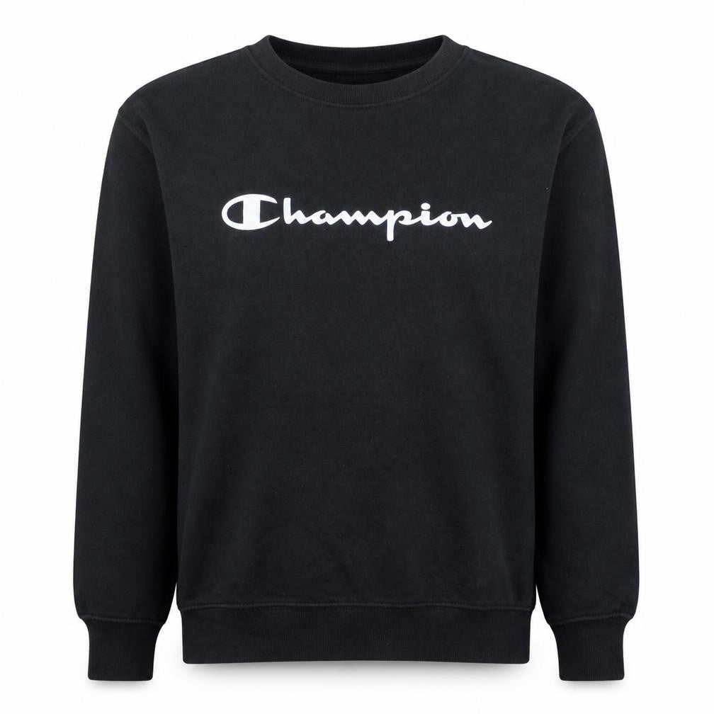 Front view of Champion Men's Black Medium Crew Neck Logo Sweatshirt