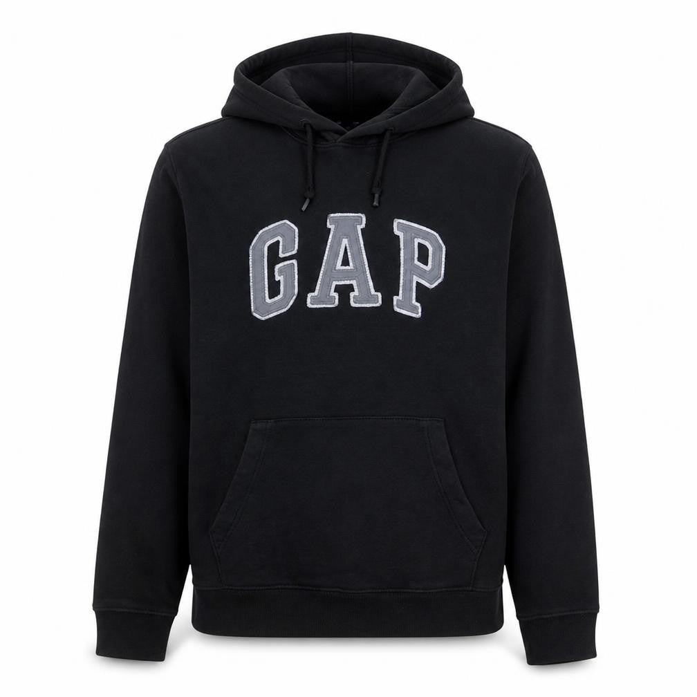 Front view of Gap Men’s Black Pullover Hoodie Medium Logo Fleece Sweatshirt