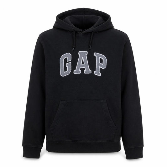 Front view of Gap Men’s Black Pullover Hoodie Medium Logo Fleece Sweatshirt