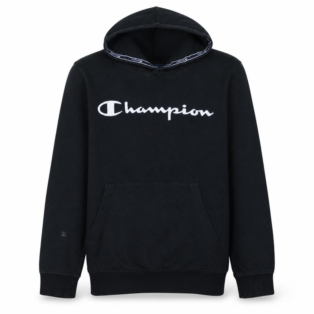 Front view of Champion boys’ black pullover hoodie, size 13-14, years cotton blend