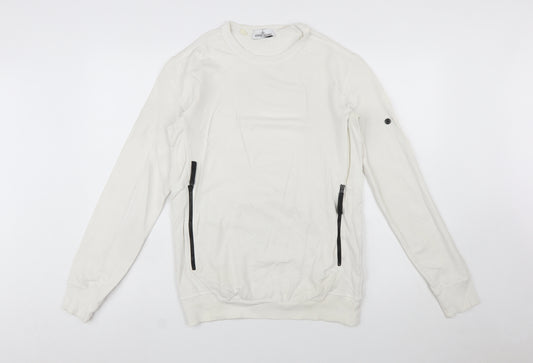 Stone Island Junior Boys White Pullover Sweatshirt Size 14 Long Sleeve Cotton Zip Detail