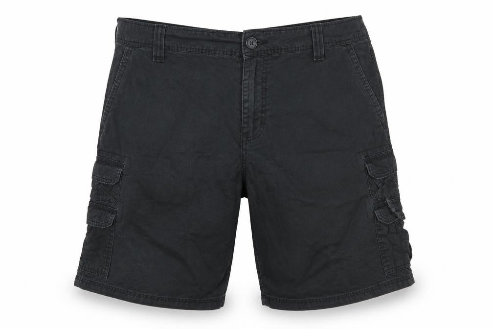 Front view of Lee Men’s Black Cargo Shorts, size 42, Cotton Canvas Casual