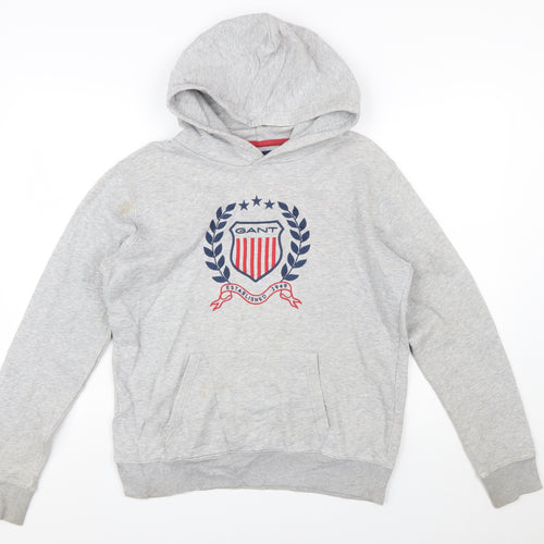 GANT Boys Grey Pullover Hoodie 16 Years Logo Crest Cotton Blend