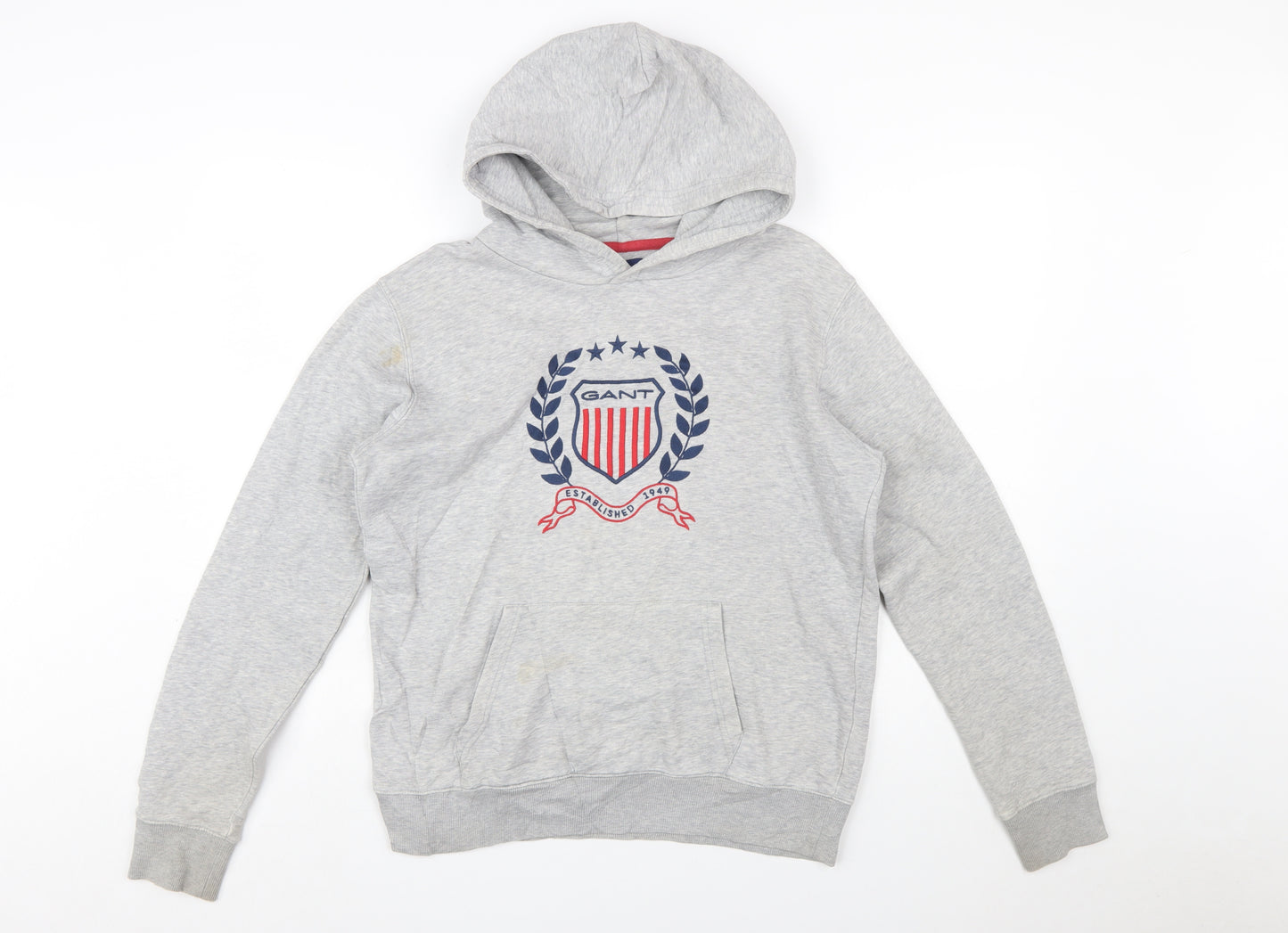 GANT Boys Grey Pullover Hoodie 16 Years Logo Crest Cotton Blend