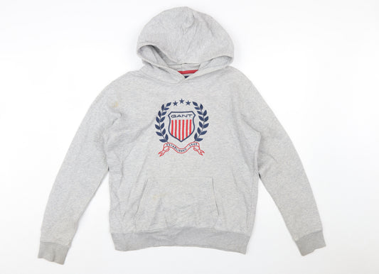 GANT Boys Grey Pullover Hoodie 16 Years Logo Crest Cotton Blend