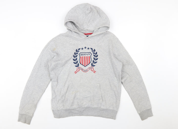 GANT Boys Grey Pullover Hoodie 16 Years Logo Crest Cotton Blend