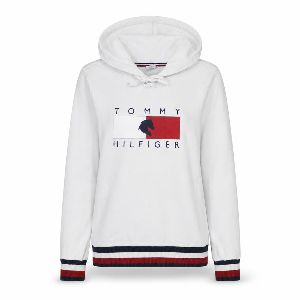 Front view of Tommy Hilfiger women’s white xxs pullover hoodie with logo design