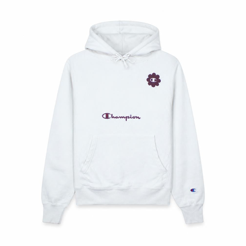 Front view of Champion women’s white xs reverse weave pullover hoodie