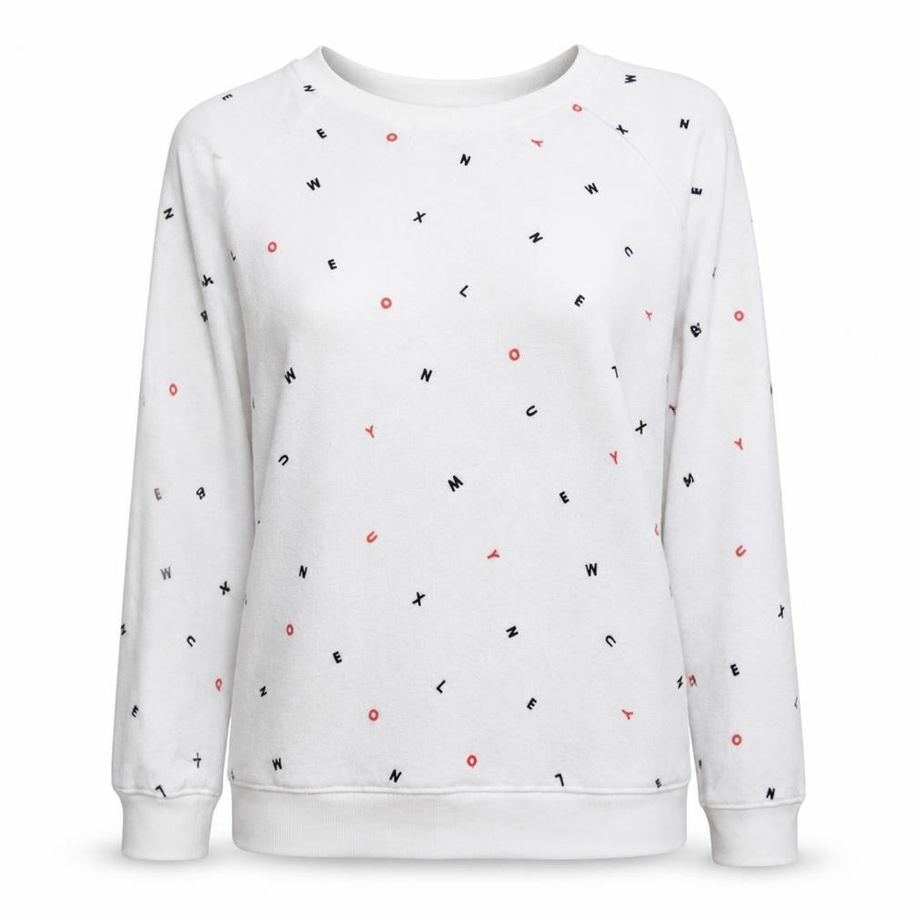Front view of Levi's women’s white letter print pullover sweatshirt, size S