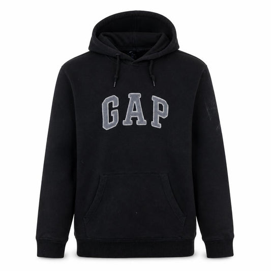 Front view of Gap men’s black pullover hoodie l logo fleece sweatshirt