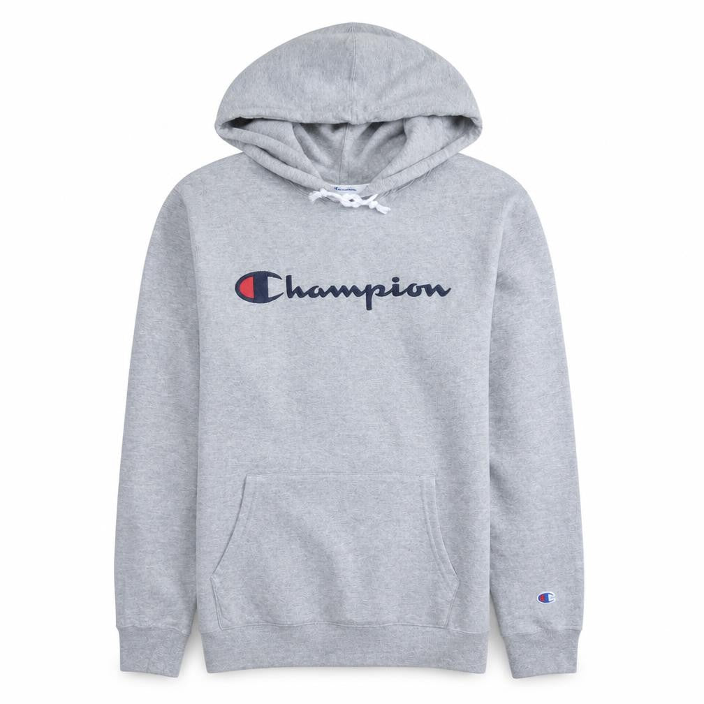Front view of Champion Women’s Grey Pullover Hoodie L Logo Print Casual