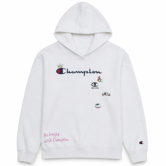 Front view of Champion girls’ white pullover hoodie 15-16 years logo graphic hooded sweatshirt