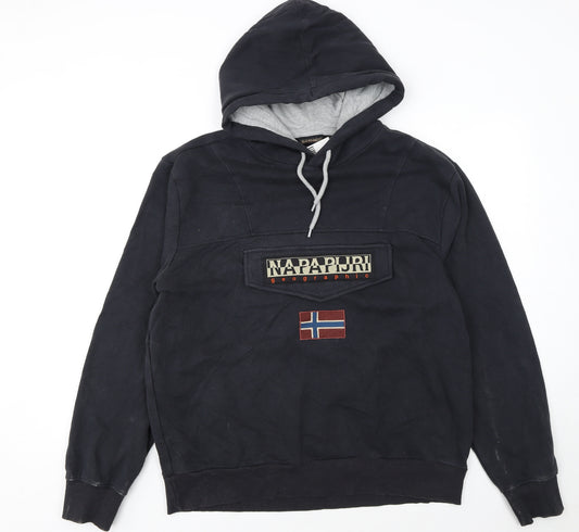 Napapijri Men's Black XL Pullover Hoodie with Logo & Flag Detail