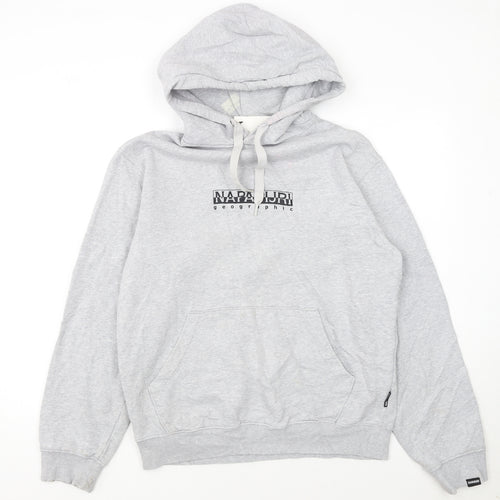 Napapijri Men's Grey Pullover Hoodie Small Logo Graphic Long Sleeve