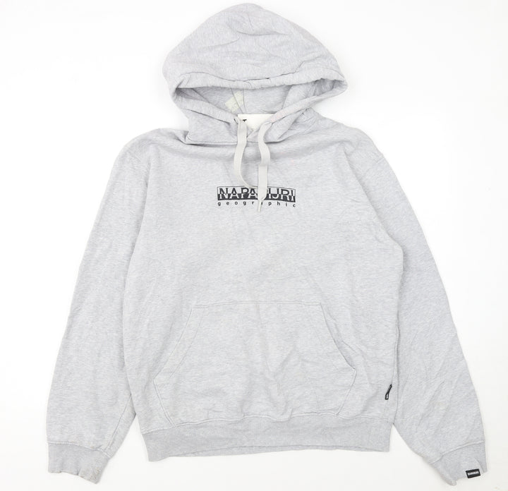 Napapijri Men's Grey Pullover Hoodie Small Logo Graphic Long Sleeve