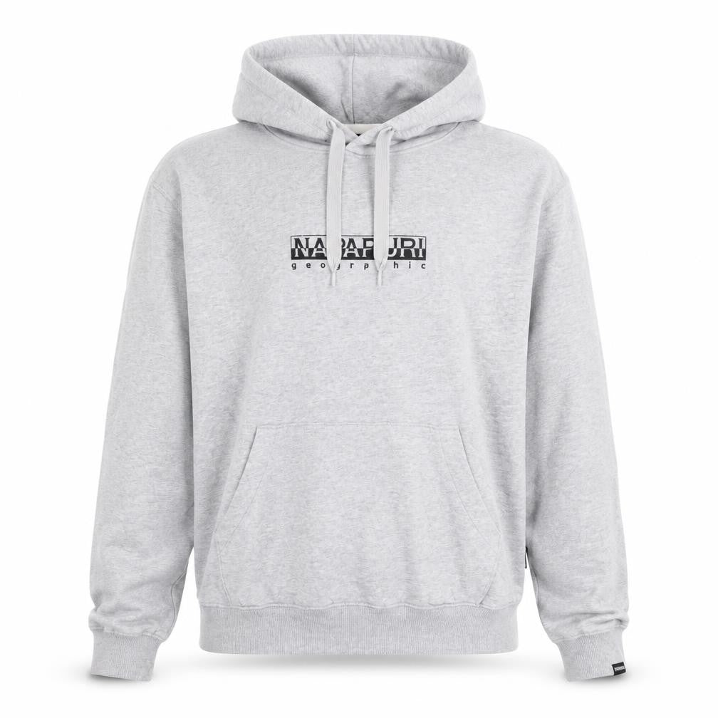 Front view of Napapijri Men's Grey Pullover Hoodie Small Logo Graphic Long Sleeve
